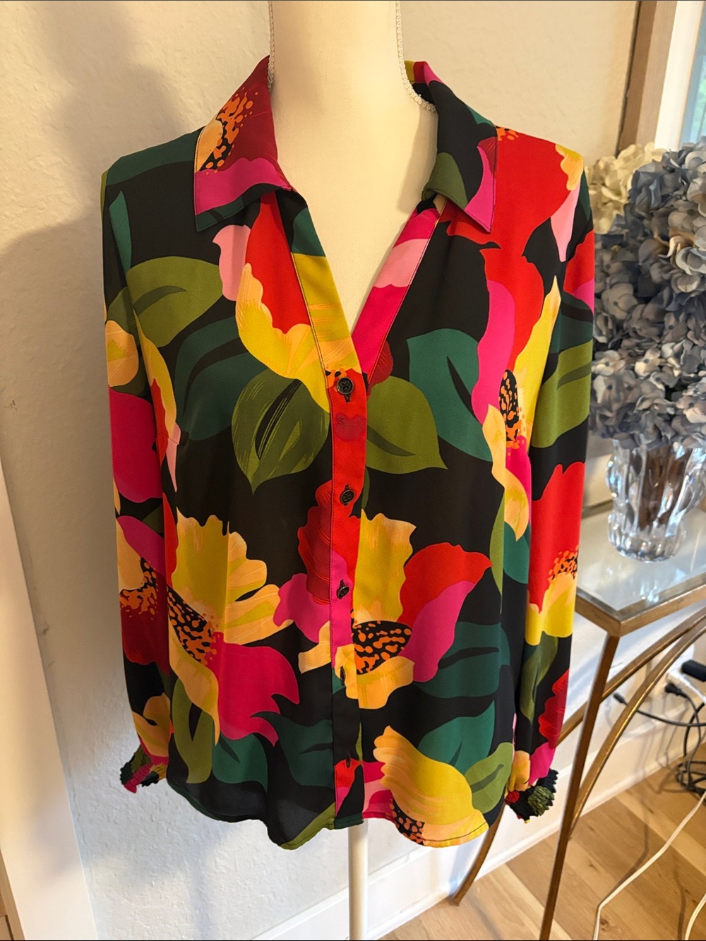 Brightly colored CAbi long balloon sleeve blouse with smocking at the wrist